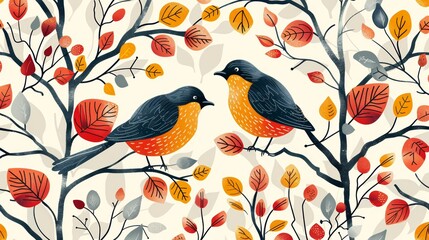 A seamless pattern featuring two birds perched on branches amidst a colorful autumn foliage.