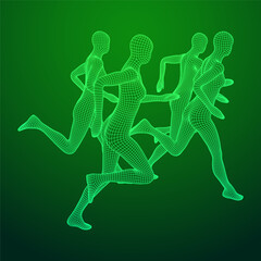 Running woman. Sprinter silhouette. Wireframe low poly mesh vector illustration