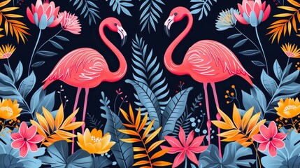 Two pink flamingos stand in a vibrant tropical jungle, surrounded by colorful flowers and lush greenery.