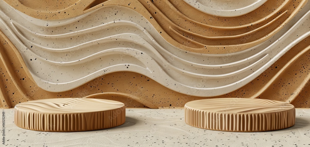 Aufkleber 3D rendering of a beige background with two cylindrical podiums and an abstract geometric wave pattern