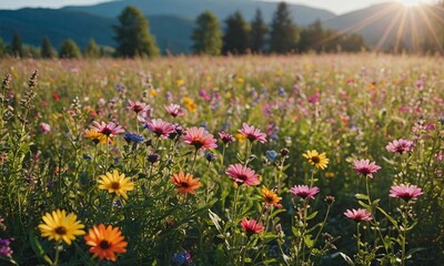 Obraz premium Colorful flower meadow with sunbeams and blue sky and bokeh lights in summer - nature background