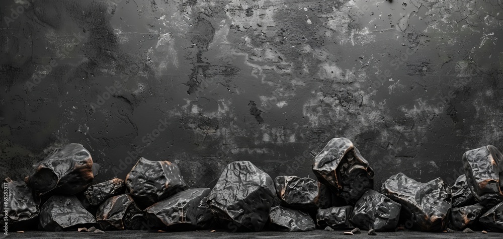 Poster 3D rendered abstract background featuring black rocks and empty space on the right side, ideal for product presentations