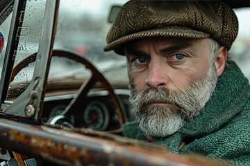 Man With Grey Beard and Newsboy Cap Driving Vintage Car