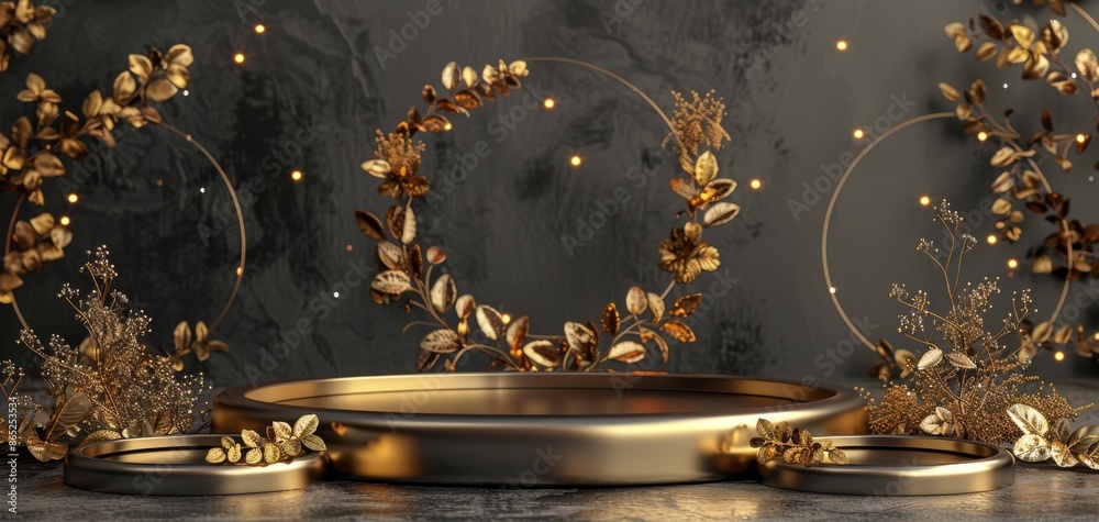 Poster three golden awards on a podium, each with a laurel wreath in the center, capturing a scene of recog