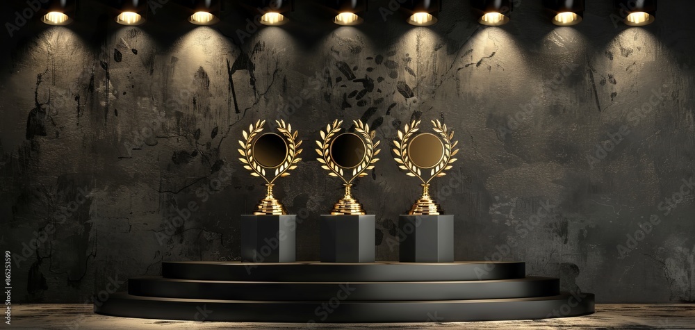 Poster podium featuring three golden awards, with one large and two small laurel wreaths in the center of e