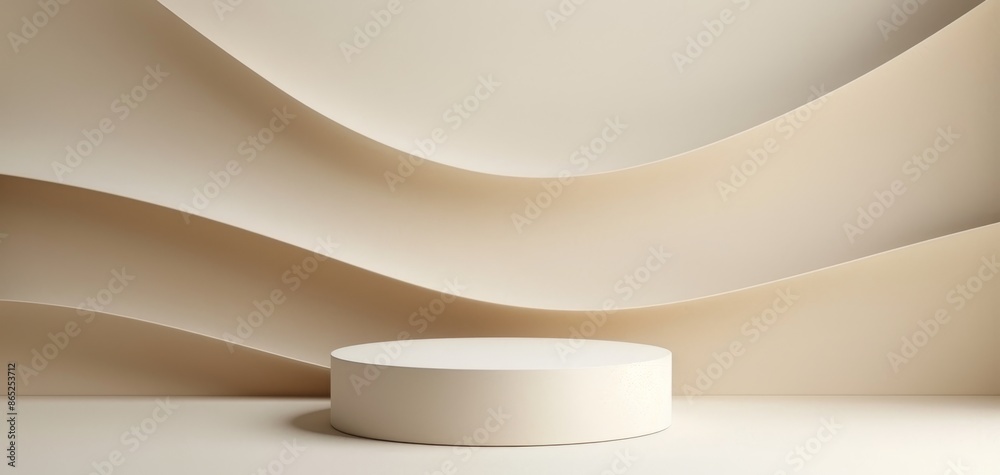 Poster Beige and cream color palette with wave ribbon element, creating a minimalistic 3D podium display background for product presentations