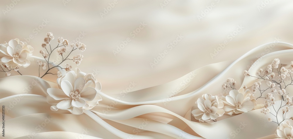 Poster 3D render of a podium display background with abstract beige and cream colors and a wave ribbon element, perfect for minimalistic product presentations