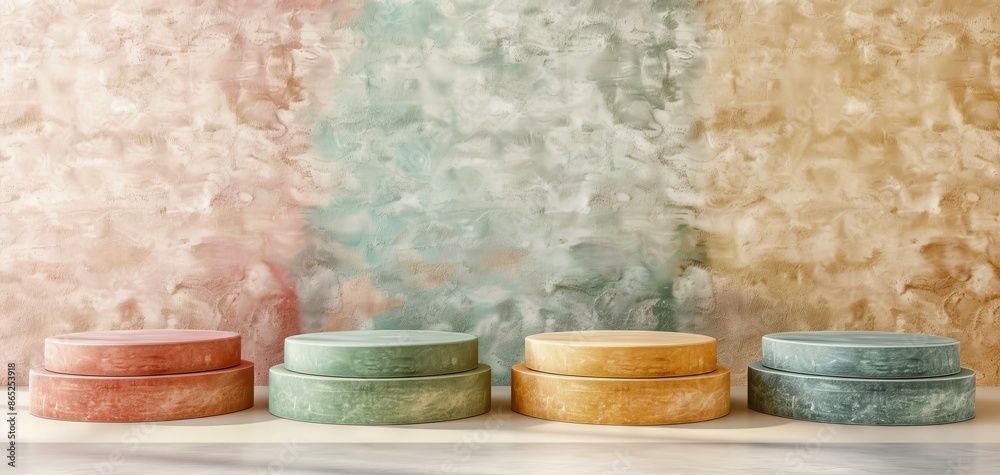 Aufkleber pastel color podiums on a white wall, 3d background set for minimalistic product display presentatio