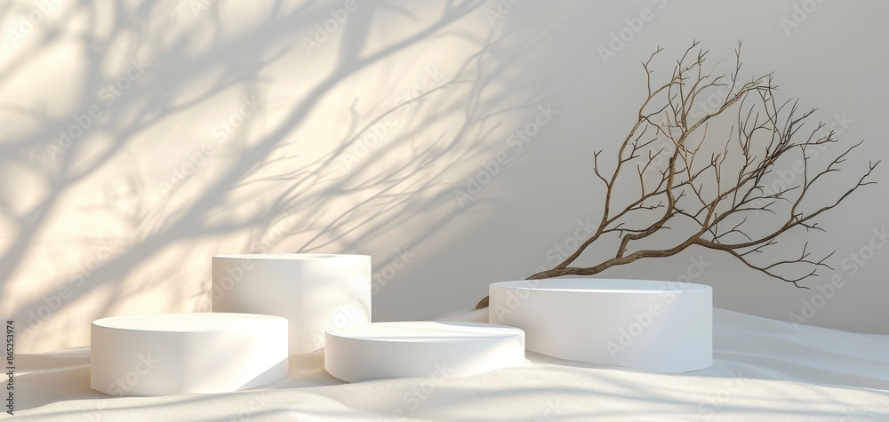 Aufkleber three white cylindrical podiums set on sand, with dry tree branches in the background, creating a mi