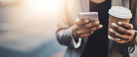 Business woman, coffee and walking with phone in city for communication, networking and social media. Female person, latte and travel with smartphone to work for email, clients and app while trading
