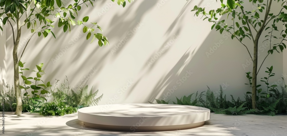 Poster green leaves and white podium on a light background, creating an elegant mockup design template for 