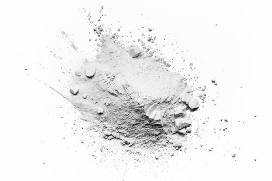 White powder of concrete clay or bentonite isolated on white background viewed from the top Macro photo of powdered chemicals like calcium gypsum