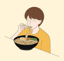 Young man eating ramen noodle soup with chopsticks. Hand drawn flat cartoon character vector illustration.