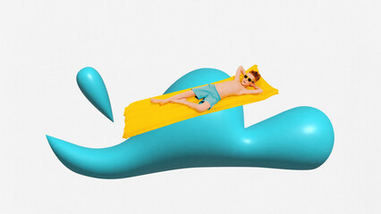 Poster. Contemporary art collage. Little boy swimming on inflatable mattress on 3D waves of blue ocean. Abstract artwork. Concept of hot summer holidays, tourism, childhood, rest, adventures.