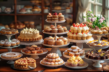 Fototapeta premium various pastries on a wooden board, close-up of a multi-layered cream cake with red berries and mint leaves, High resolution, detailed, high quality photo.