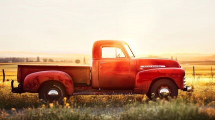 An old retro classic vintage red American pickup truck parked outside in the country with hazy light flare at sunset