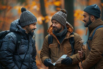 Fototapeta premium Three Men in Winter Woods Discussing Map During Hike