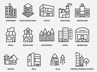 type of commercial real estate outline icon .property pictogram vector set isolated on white background