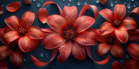 Red Flowers With Water Droplets and Ribbon