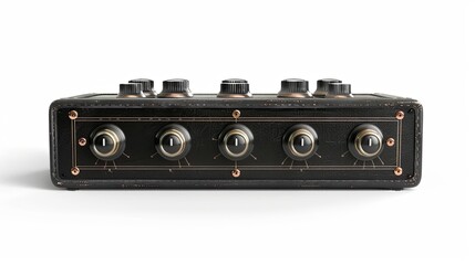 Isolated boutique black leather and control panel plate clean and distortion amplifier on white background