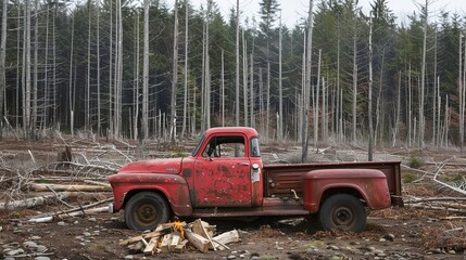 Red pickup truck next to fire ring in a clearcut, Greenville, Maine