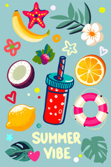 Summer vibe is a fully editable set of isolated cartoon elements on the theme of summer, vacation, exotic, tropics. Poster, card. Digital illustration for advertising, covers, print
