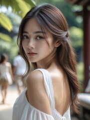 Obraz premium Asian girl wearing white sundress with garden background.