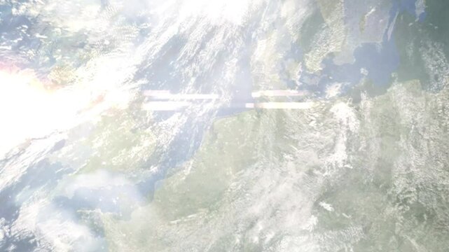Zoom in from space and focus on Drachten, Netherlands. 3D Animation. Background for travel intro. Elements of this image furnished by NASA
