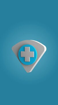 3D shield with a plus symbol in the vertical centre, on a light blue background. Health care concept, access to health services, protection and health care.