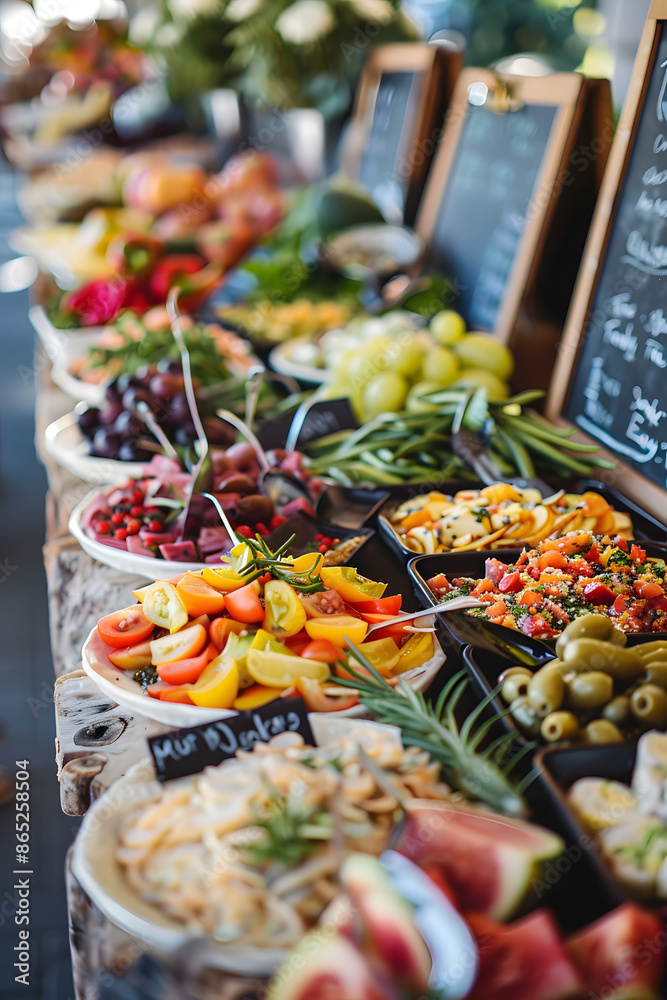 Wall mural closeup of rows of food on display at a farmers market, blank chalkboard close by