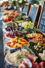 closeup of rows of food on display at a farmers market, blank chalkboard close by
