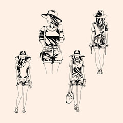 beautiful female model with black and white design wearing a hat and short shirt