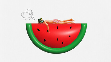 Poster. Contemporary art collage. Little boy, kid in hat lying on belly, sunbathing on huge piece of sweet 3D watermelon. Concept of hot summer holidays, tourism, childhood, rest, adventures.