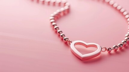 Obraz premium Heart shaped chain necklace on pink background from above Romantic theme