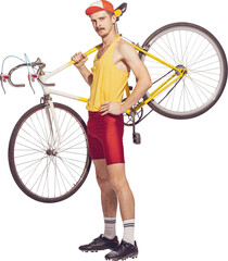 Portrait of young man in colorful clothes, uniform holding bike on shoulder, posing against transparent background. Concept of professional sport, hobby, work, active lifestyle, retro fashion.