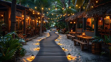 Naklejka premium Enchanting Tropical Patio Dining Experience at Cozy Resort Restaurant