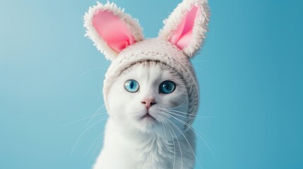 Fototapeta premium Amusing cat with white fur wearing hat and bunny ears against blue backdrop