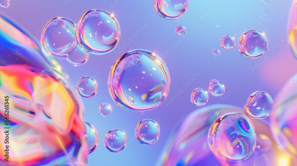 Poster 3d art background with floating liquid blobs, soap bubbles, and metaballs.