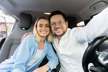 Happy Couple Taking Selfie In Car, Road Trip Adventure