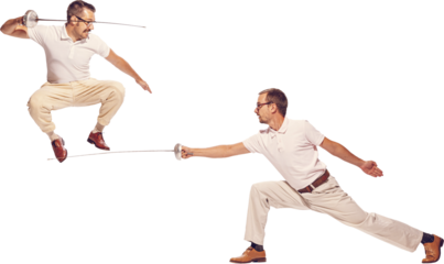 Portrait of two men in suit fighting with swords, posing against transparent background. In jump. Concept of professional sport, hobby, movement, emotions, active lifestyle, retro fashion.