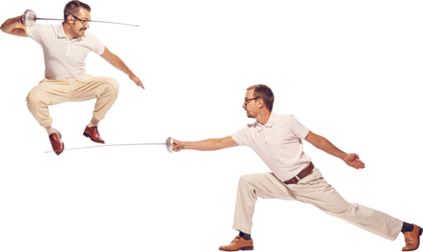 Portrait of two men in suit fighting with swords, posing against transparent background. In jump. Concept of professional sport, hobby, movement, emotions, active lifestyle, retro fashion.