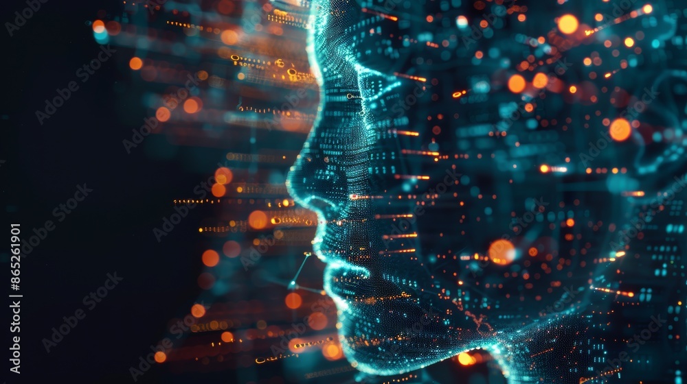 Poster an image of a digital head of artificial intelligence (ai). deep learning concept. hologram. 3d rend