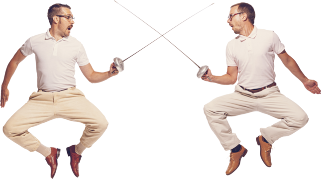 Portrait of two men in suit fighting with swords in jump against transparent background. Concept of professional sport, hobby, energy, movement, emotions, active lifestyle, retro fashion.