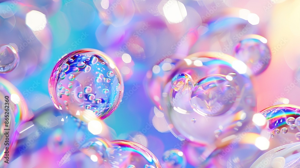 Poster holographic floating liquid blobs, soap bubbles, metaballs... abstract 3d art background.