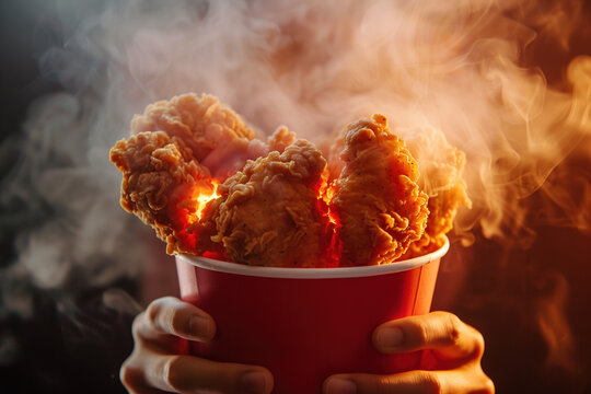 Person Ravenously Consuming Fried Chicken with Glowing Arteries
