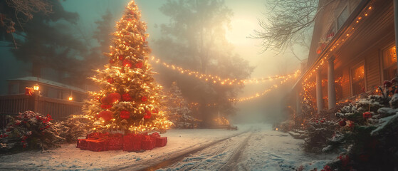 Christmas Tree Illuminates Snowy Street