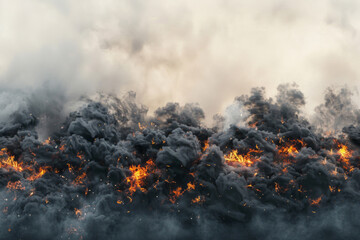 A large wall of smoke and fire is on a white backdrop.