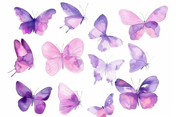 This collection includes watercolor posters, delicate illustrations, postcards, booklets, compositions frames, and purple decoration boards with butterflies