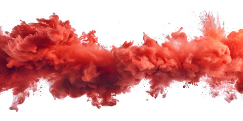 A red smoke cloud creates a color powder explosion, resembling a fire sky painting, isolated on a transparent background.