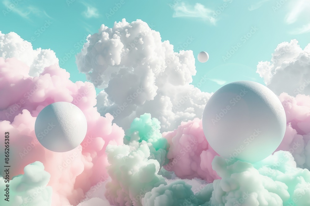 Poster in this 3d render, we see pastel balls, bubbles, blobs floating in fluffy clouds against a backgroun